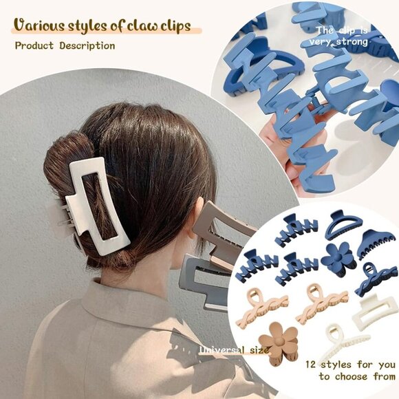 12 Pcs Claw Clips, Multi-Shapes Hair Clips for Women, Non-Slip Large Jaw Claw Cl - Picture 4 of 6